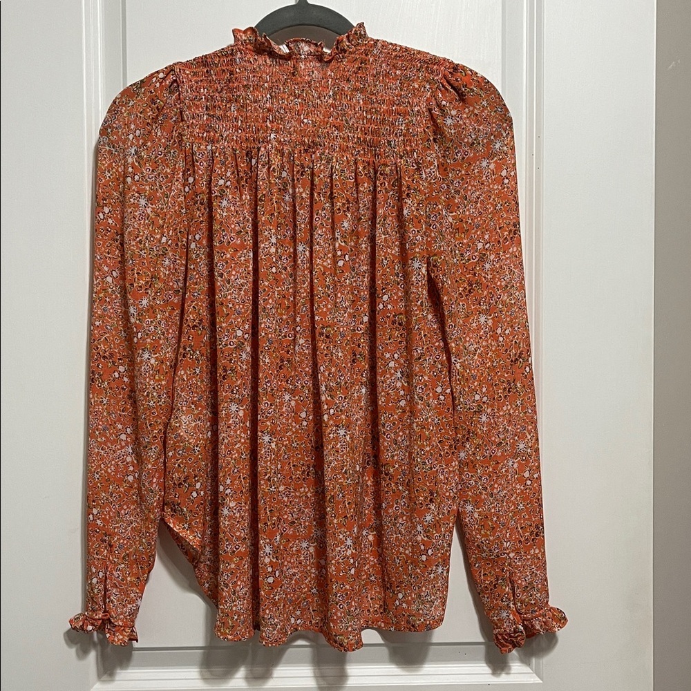 Free People Lela Floral Smocked Ruffle Blouse in Coral Sz XS - Picture 6 of 9